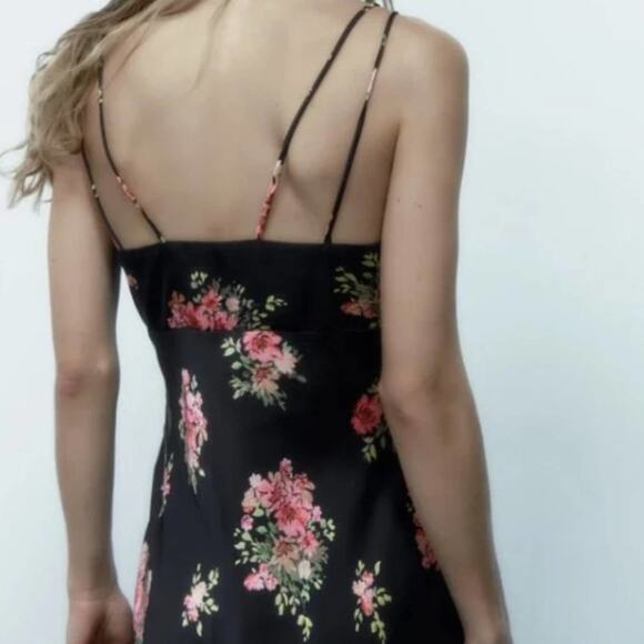 Zara Black Floral Satin Effect Midi / Maxi Slip Dress Spaghetti Straps Large - Picture 3 of 11